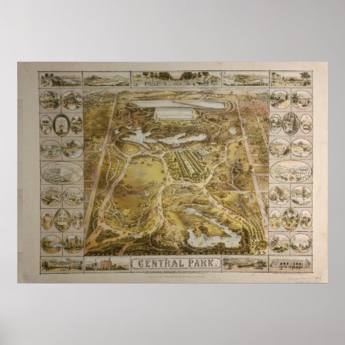 Vintage Central Park NYC Pictorial Map 1863 Poster