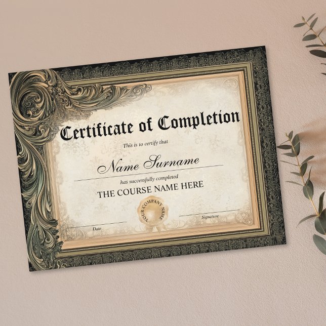 Vintage Certificate of Completion Award Course  (vintage golden frame certificate of completion)