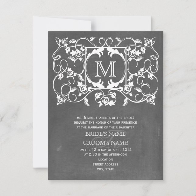 Vintage ChaIk Inspired & Roses Monogram Wedding Invitation (Front)