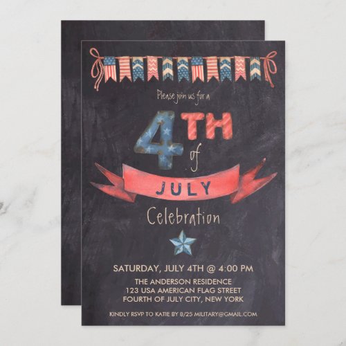 Vintage Chalkboard 4th of July Party Patriotic  Invitation - Vintage Chalkboard 4th of July Party Invitations. Invite friends and family to your patriotic fourth of July celebration with these rustic 4th of July party invitations. Personalize this patriotic invitation with your event, name, and party details.
See our collection for matching patriotic 4th of July gifts ,party favors, and supplies. COPYRIGHT © 2021 Judy Burrows, Black Dog Art - All Rights Reserved. Vintage Chalkboard 4th of July Party Patriotic Invitation