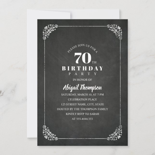 Vintage Chalkboard Adult 70th Birthday Party Invitation (Front)