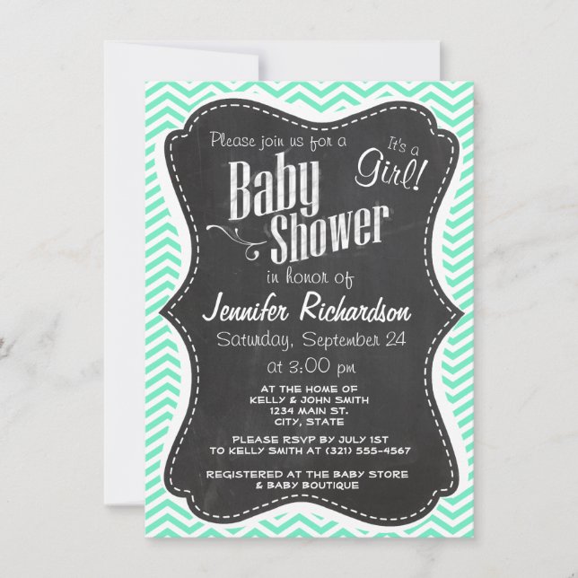 Vintage Chalkboard; Aquamarine Chevron; zig zag Invitation (Front)