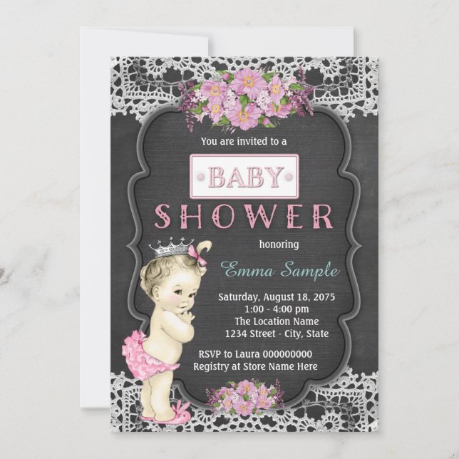 Vintage Chalkboard Baby Girl Shower Invitation (Front)