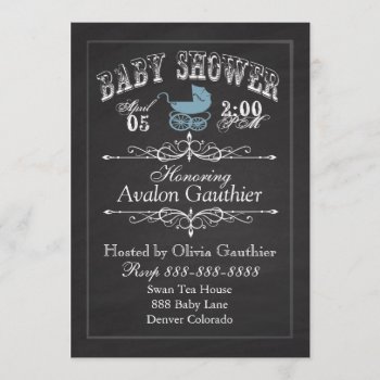 Vintage Chalkboard Baby Shower Blue Invitation by TheInspiredEdge at Zazzle