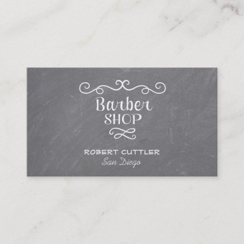 Vintage chalkboard barber shop white swirls business card