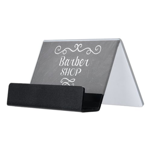 Vintage chalkboard barber shop white swirls desk business card holder