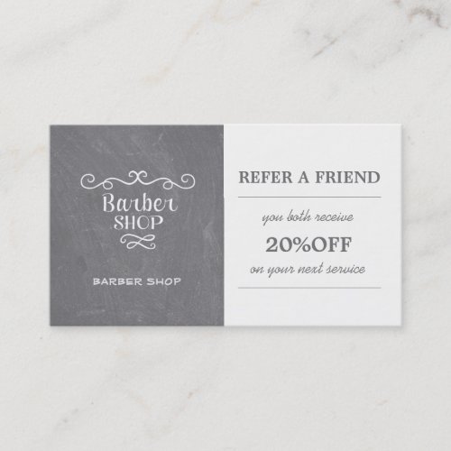 Vintage chalkboard barber shop white swirls referral card