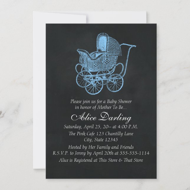 Vintage Chalkboard Blue Baby Carriage Baby Shower Invitation (Front)