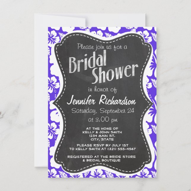 Vintage Chalkboard; Blue Violet Tropical Hibiscus Invitation (Front)