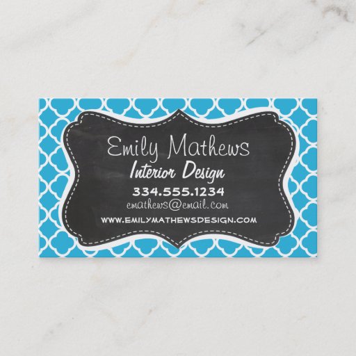 Customizable Vintage Chalkboard; Bright Cerulean Quatrefoil Business Card Template