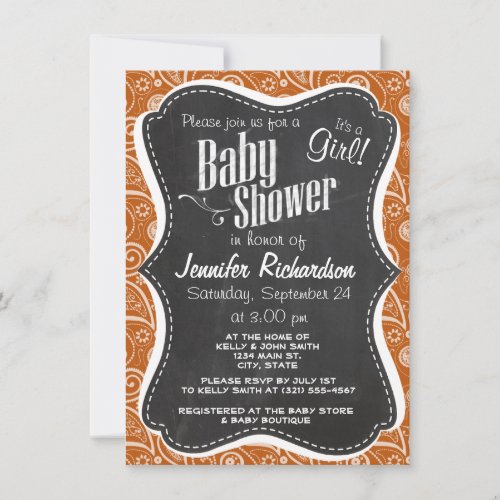 Vintage Chalkboard Burnt Orange Paisley; Floral Custom Invitation