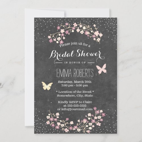 Vintage Chalkboard Butterfly Floral Bridal Shower 5x7 Paper Invitation Card