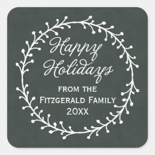 Vintage Chalkboard Christmas Wreath Happy Holidays Square Sticker