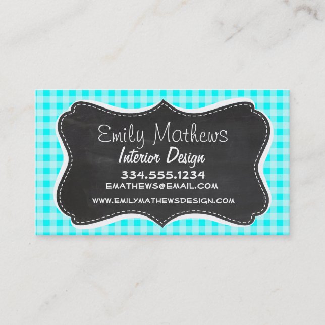 Vintage Chalkboard; Cyan Gingham; Checkered Business Card (Front)