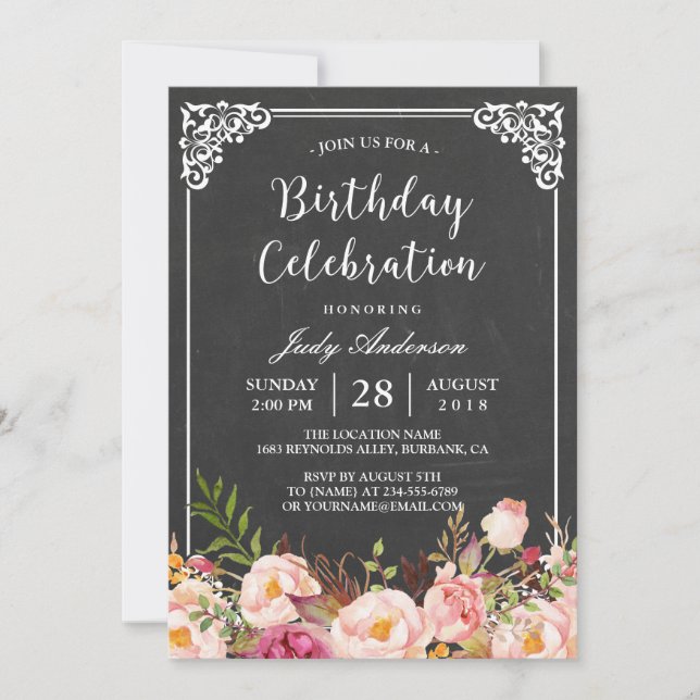 Vintage Chalkboard Floral Birthday Celebration Invitation (Front)
