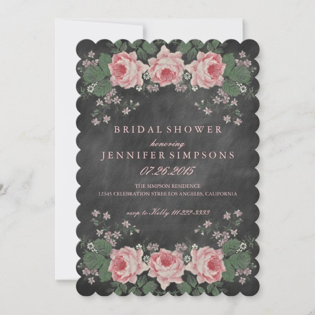 Vintage Chalkboard Floral Rose Bridal Shower Invitation (Front)