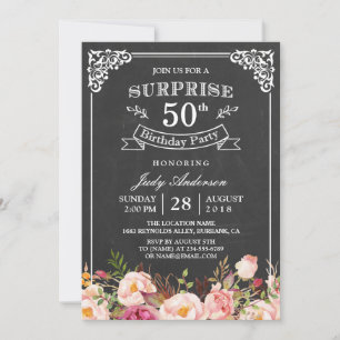 Vintage Chalkboard Floral Surprise Birthday Party Invitation