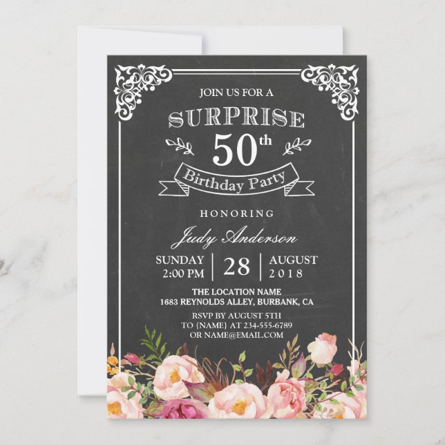 Vintage Chalkboard Floral Surprise Birthday Party Invitation (Front)