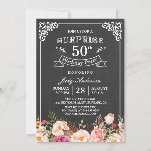 Vintage Chalkboard Floral Surprise Birthday Party Invitation