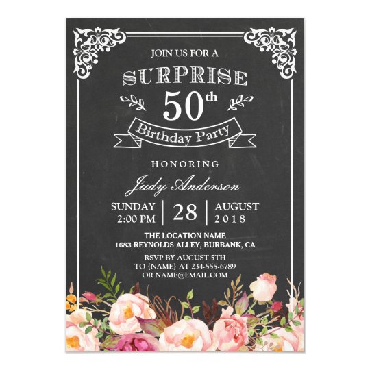 vintage chalkboard floral surprise birthday party invitation