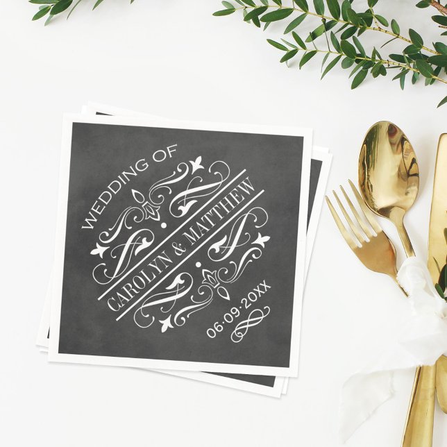Vintage Chalkboard Flourish Monogram Wedding Napkins (Creator Uploaded)