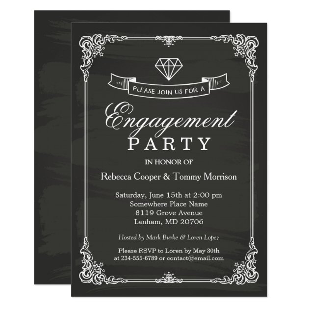 Vintage Chalkboard Frame Diamond Engagement Party Invitation