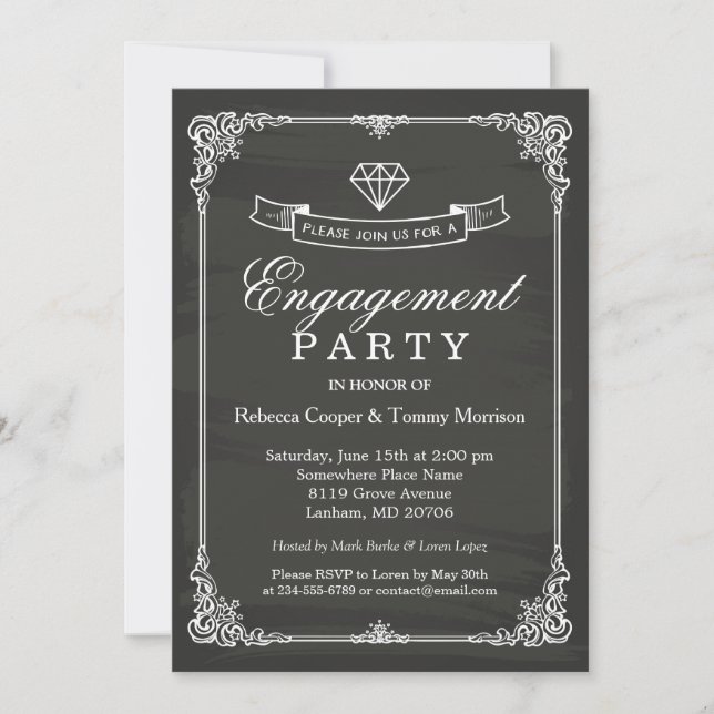 Vintage Chalkboard Frame Diamond Engagement Party Invitation (Front)