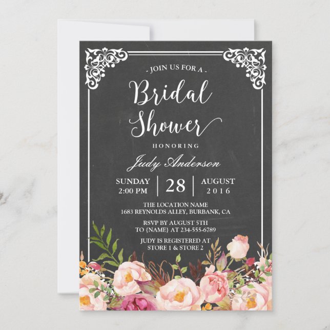 Vintage Chalkboard Frame Floral Bridal Shower Invitation (Front)