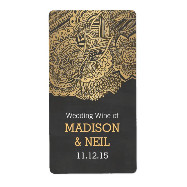 Vintage Chalkboard Gold Bohemian Wedding Wine Label (Front)