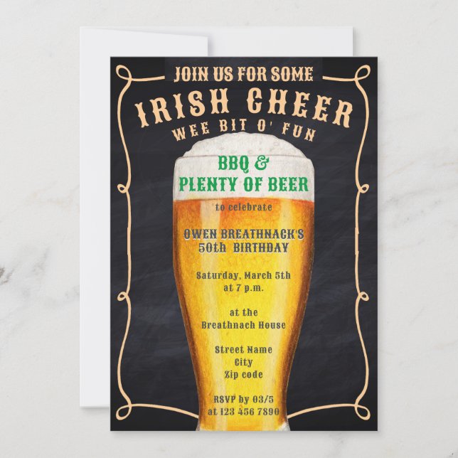 Vintage Chalkboard Irish Cheer BBQ & Beer Birthday Invitation (Front)