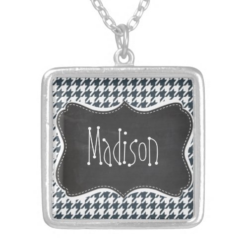 Vintage Chalkboard look Charcoal Color Houndstooth Silver Plated Necklace