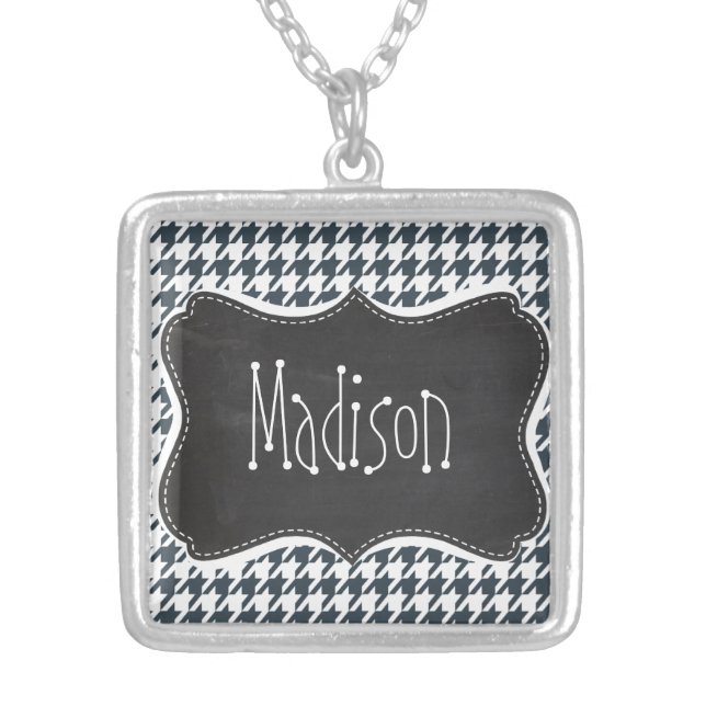Vintage Chalkboard look Charcoal Color Houndstooth Silver Plated Necklace (Front)