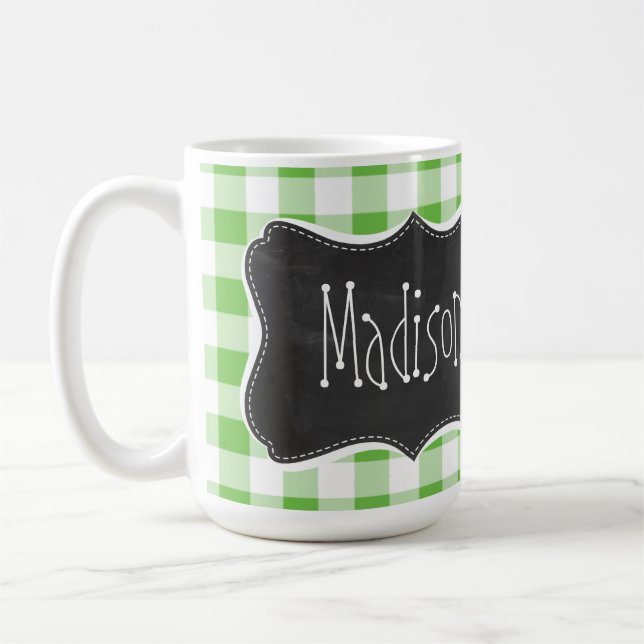Vintage Chalkboard look, Green Checkered; Gingham Coffee Mug (Left)