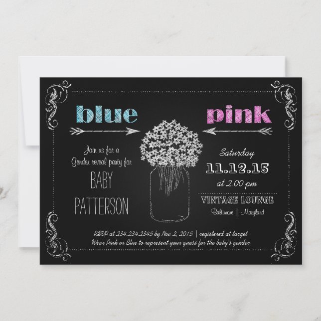 Vintage Chalkboard MasonJar Flowers Gender Reveal Invitation (Front)