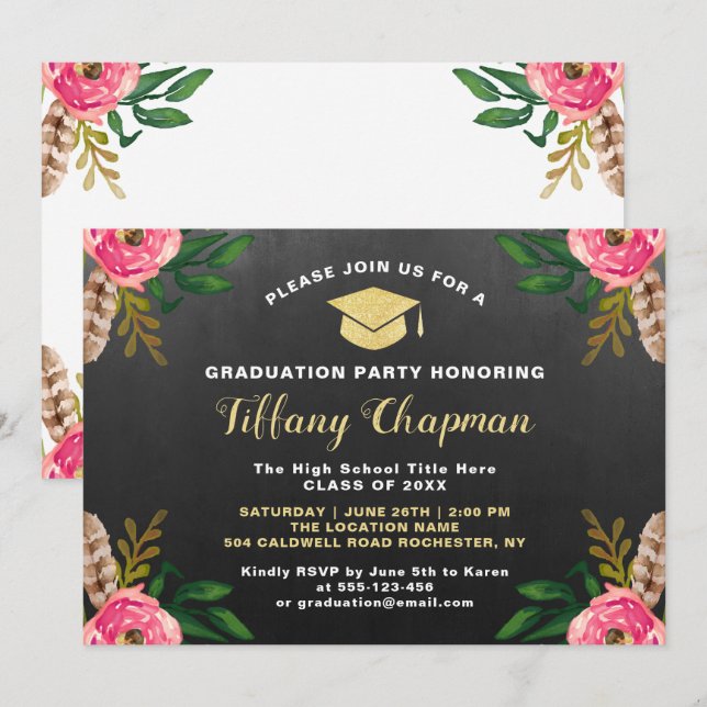 Vintage Chalkboard Modern Floral Graduation party Invitation (Front/Back)