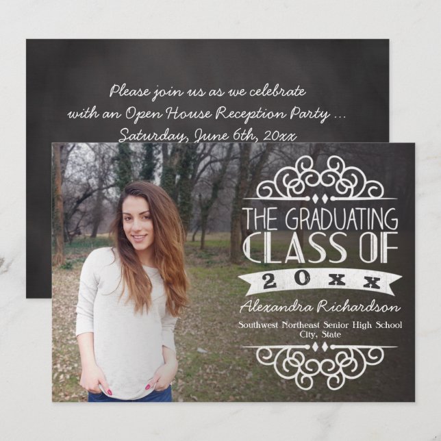 Vintage Chalkboard Overlay Photo Graduation Invitation (Front/Back)