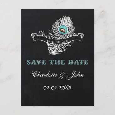 Vintage Chalkboard peacock  save the Date Announcement Postcard