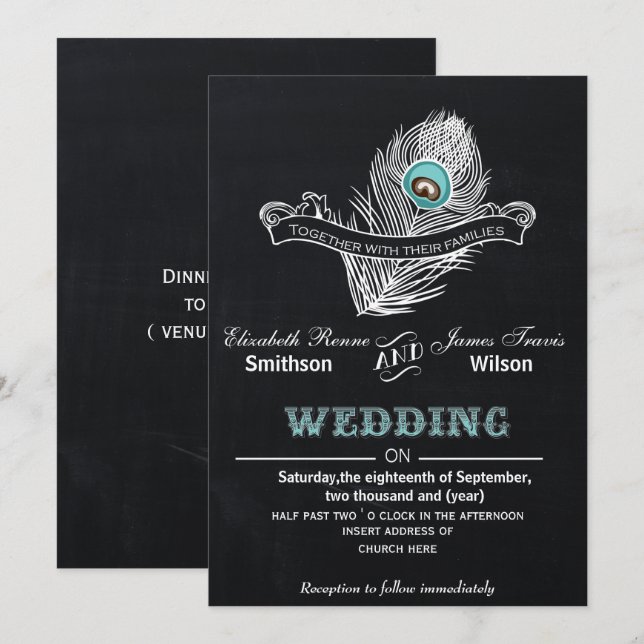 Vintage Chalkboard peacock wedding invite (Front/Back)