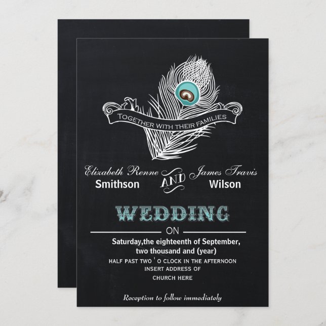 Vintage Chalkboard peacock wedding invite (Front/Back)