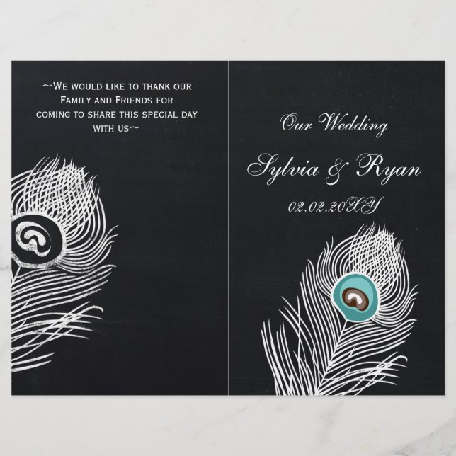 Vintage Chalkboard peacock wedding programs folded (Front)
