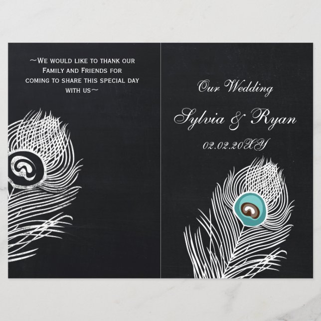 Vintage Chalkboard peacock wedding programs folded (Front)