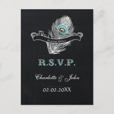 Vintage Chalkboard peacock wedding rsvp Invitation Postcard