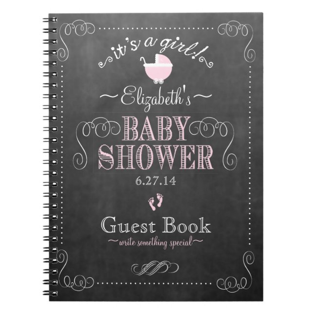 Vintage Chalkboard Pink Baby Shower Guest Book- Notebook (Front)