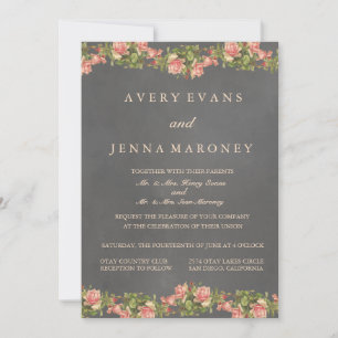 Vintage Chalkboard Pink Flower Wedding Invitation