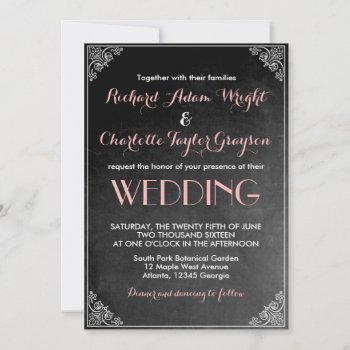 Vintage Chalkboard Pink Grey Wedding Invitation by raindwops at Zazzle