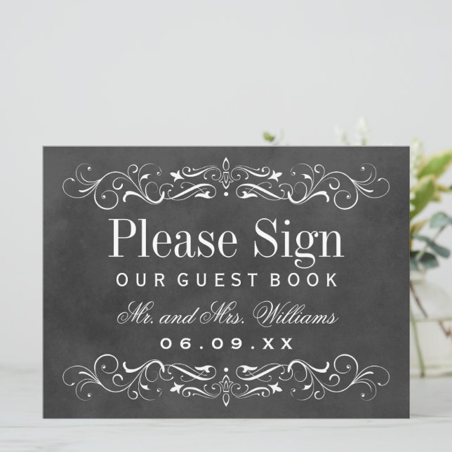 Vintage Chalkboard Scrollwork Guest Book Sign (Standing Front)