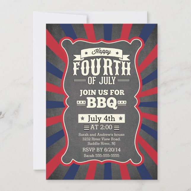 Vintage Chalkboard Stripe 4th of July Party Invitation (Front)