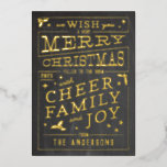 Vintage Chalkboard Style Non-Photo Christmas Foil Holiday Card<br><div class="desc">Share glad tidings of Christmas joy this year with a real, shiny, foil card in the style of vintage restaurant and coffee shop chalkboard signage. Easily personalize the year and name on the front and all the custom text on the back to make this card one of a kind to...</div>
