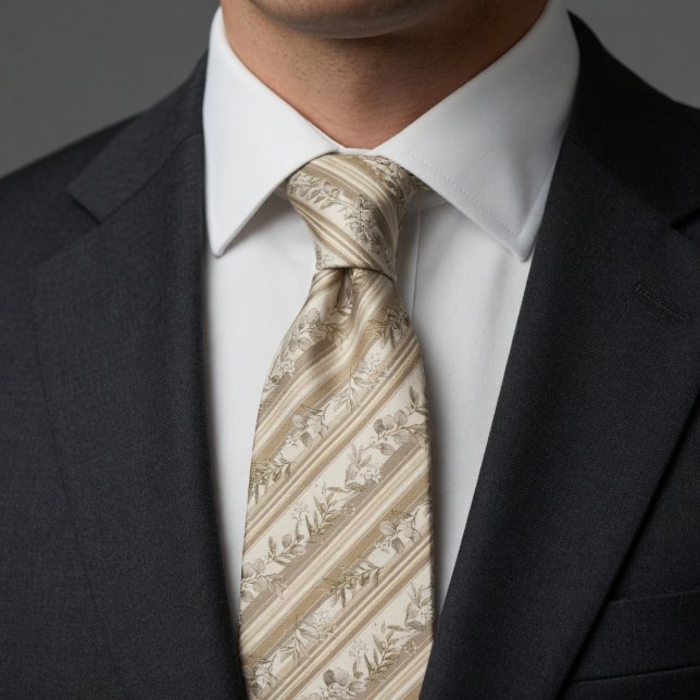 Vintage Champagne Botanical Stripe Neck Tie (Creator Uploaded)