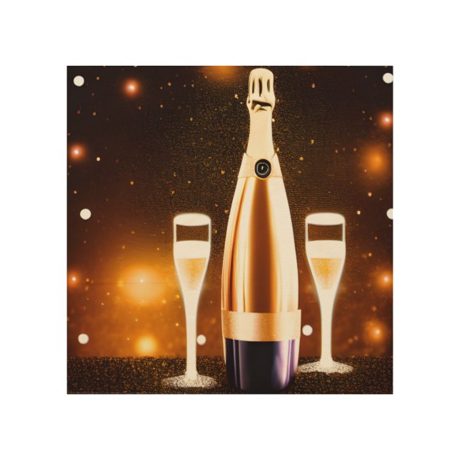 Vintage Champagne Bottle & Glasses Wood Wall Art (Front)